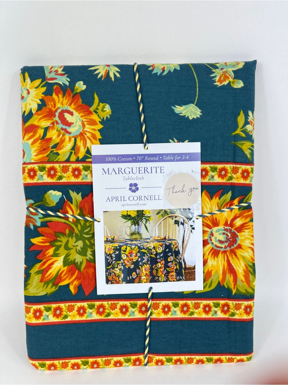 April Cornell Marguerite Floral Tablecloth Teal Yellow Orange 70" Round NEW